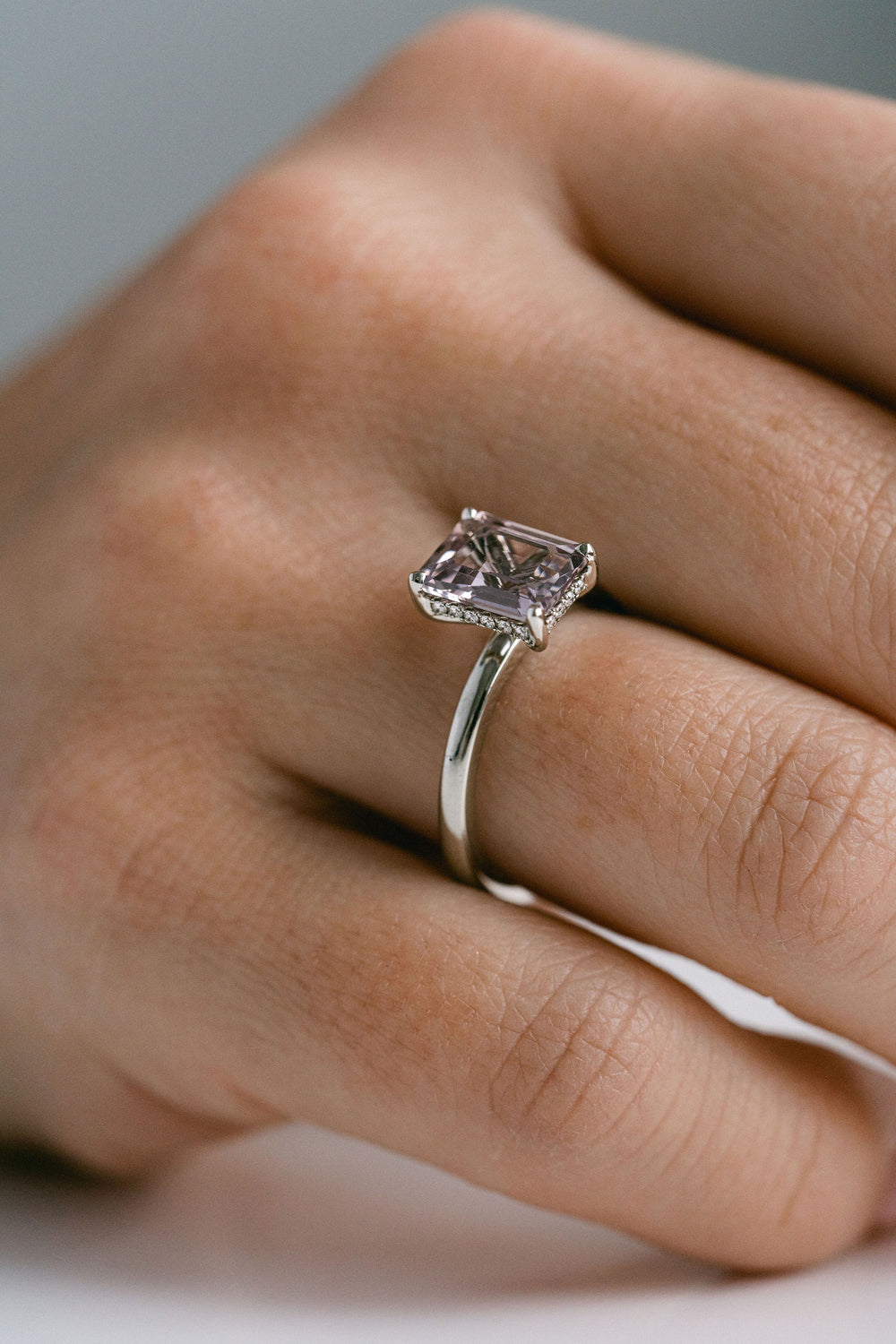 2.56ct. Emerald Cut Grey-Light Purple Sapphire Ring With Diamond Collar, 14k White Gold