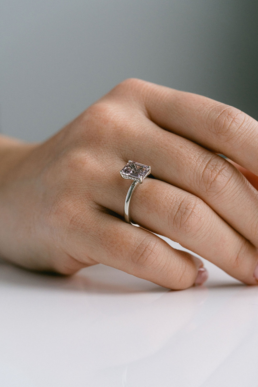 2.56ct. Emerald Cut Grey-Light Purple Sapphire Ring With Diamond Collar, 14k White Gold