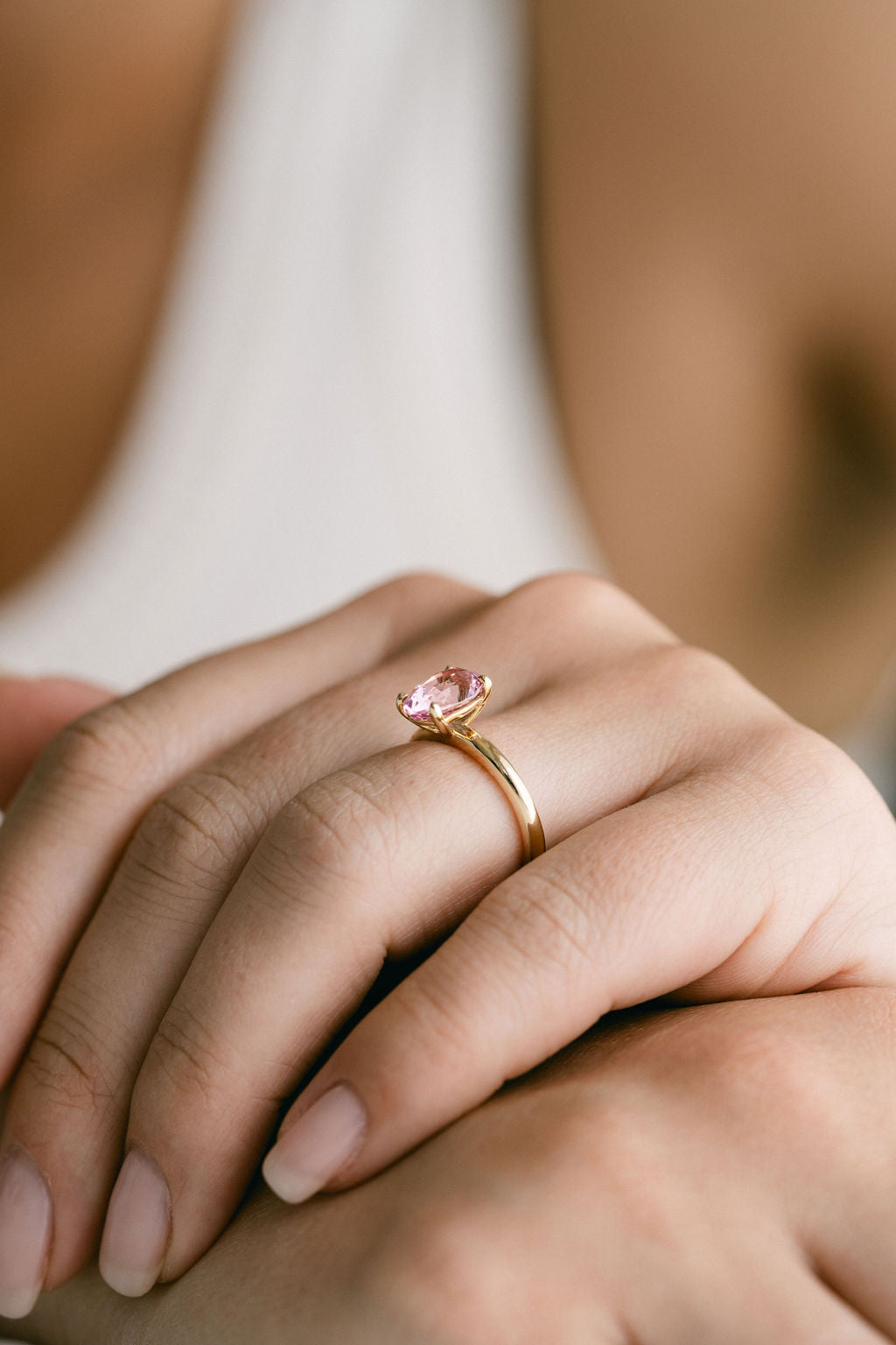 Oval Pink Sri Lankan Sapphire Solitaire, 14k Yellow Gold