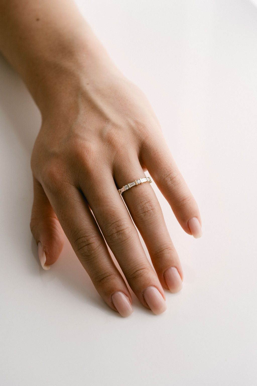 Baguette Cut & Round Cut Diamonds Alternating Bar Wedding Band, 14k Yellow Gold
