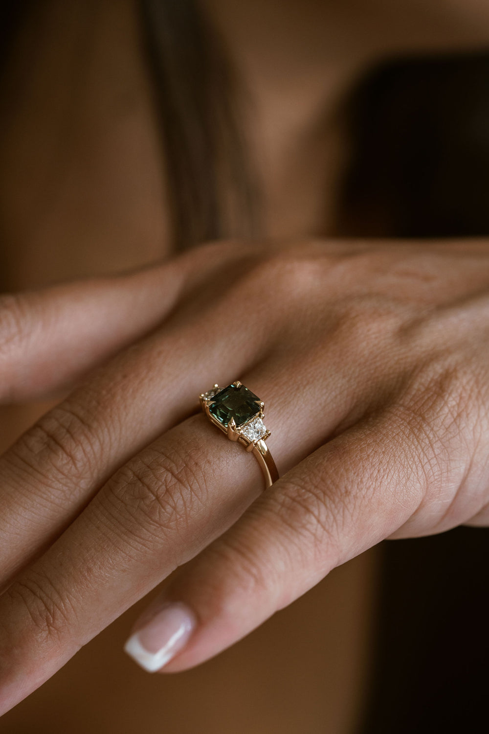 Square Emerald Cut Blue-Green Sapphire with Brilliant Trapezoid Diamond Accents