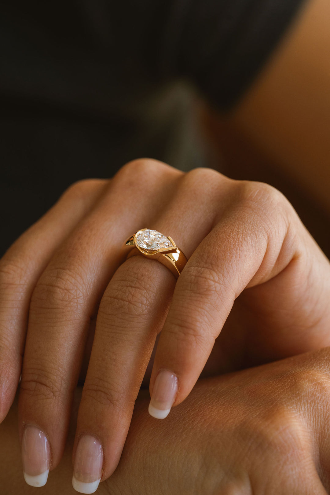 Pear Shape Diamond East-West Half Bezel Haven Ring Narrow