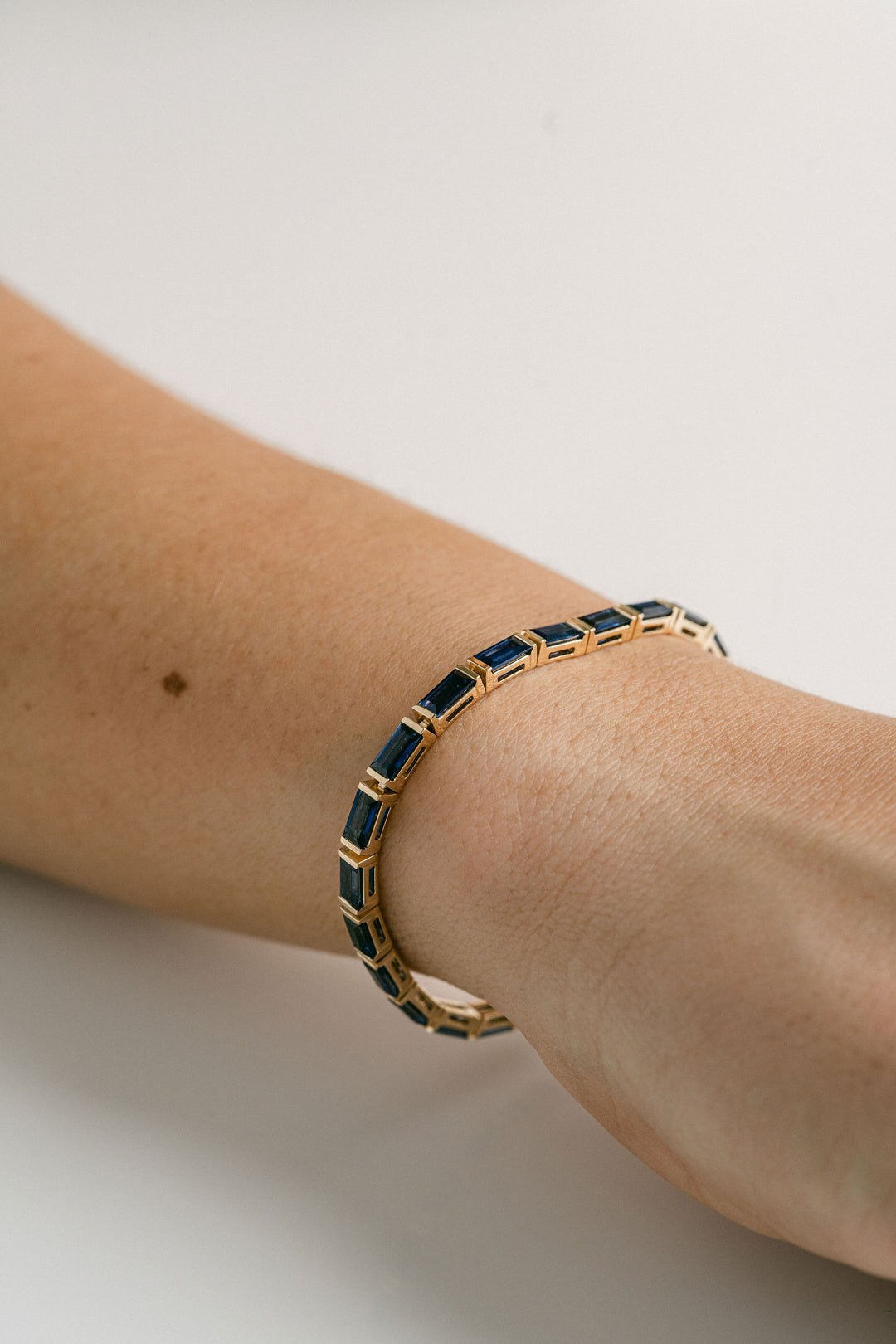 Baguette Blue Sapphire Bar Set Tennis Bracelet With Diamonds, 14k Yellow Gold