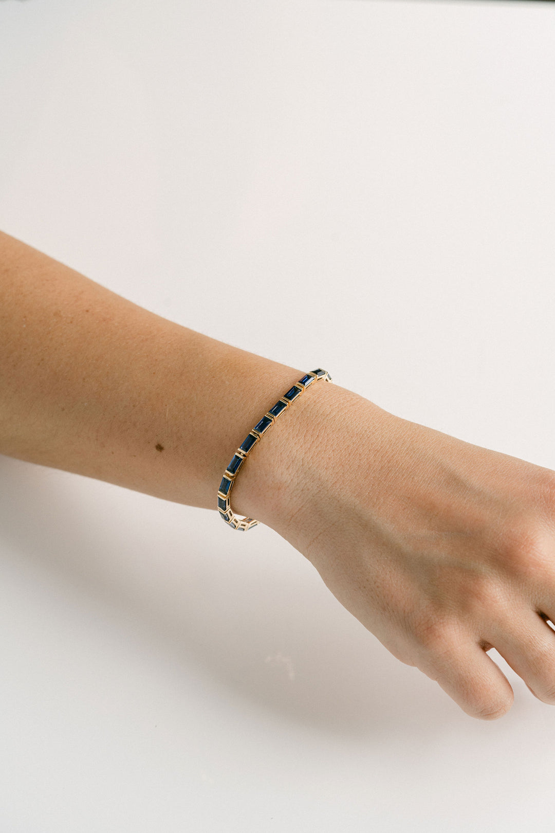 Baguette Blue Sapphire Bar Set Tennis Bracelet With Diamonds, 14k Yellow Gold
