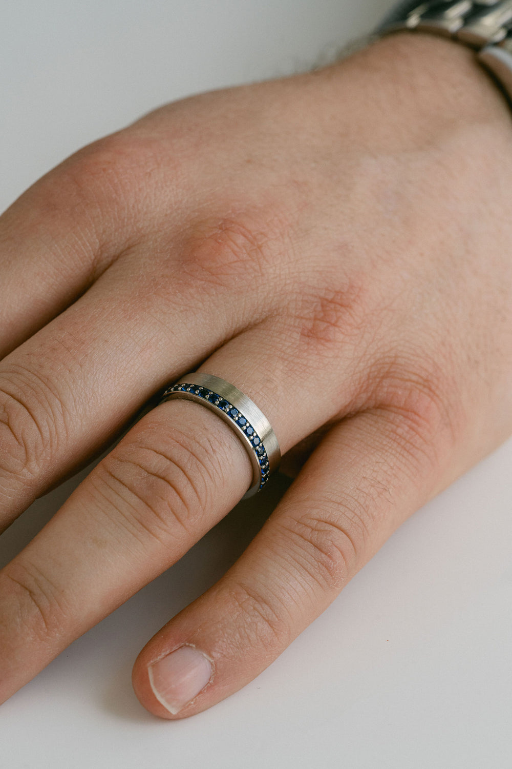 Flat Brushed Mens Band With Offset Pavé Sapphires, 14k White Gold