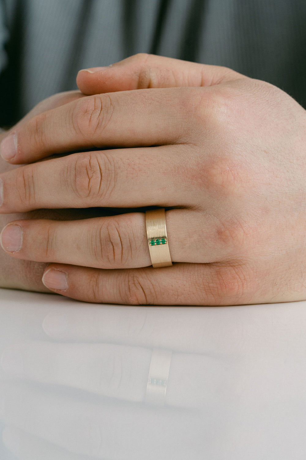 Flat Brushed Mens Band With Pavé Emeralds, 14k Yellow Gold