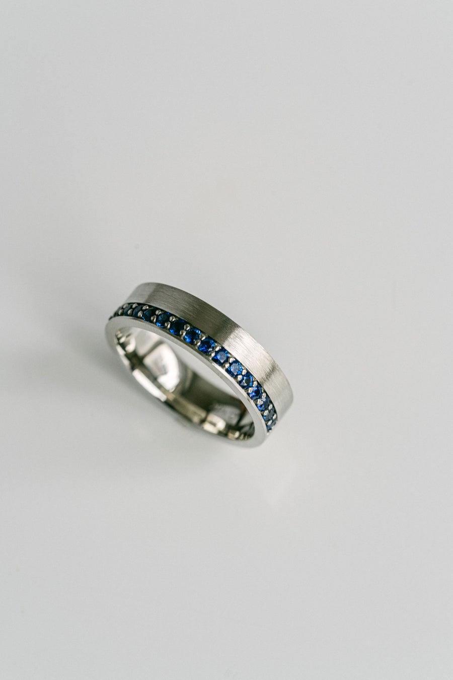 Flat Brushed Mens Band With Offset Pavé Sapphires, 14k White Gold