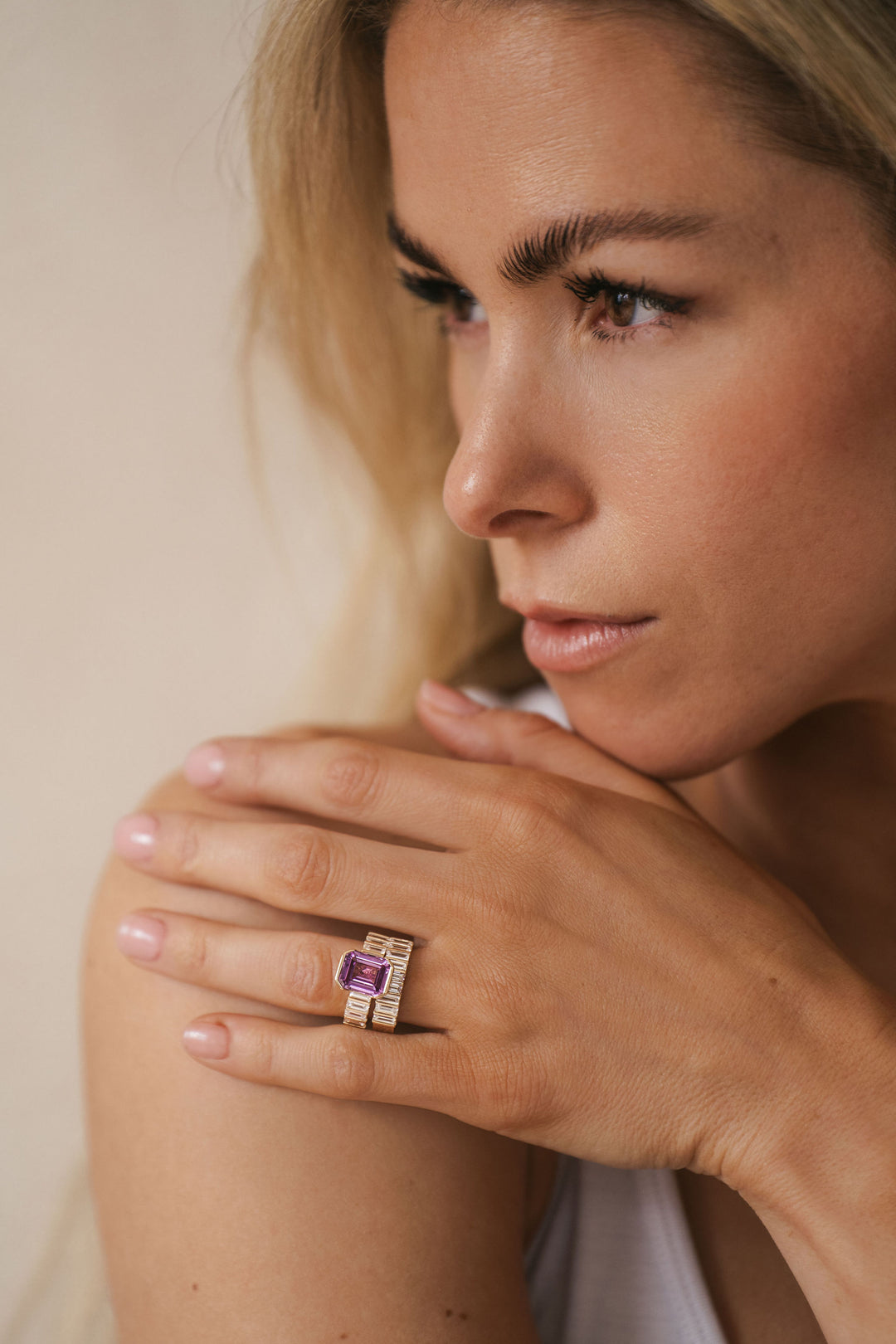 Emerald Cut Pink Sapphire Half Bezel With Bar Set Baguette Diamond Band - Cavalier Spring Bridal 2024