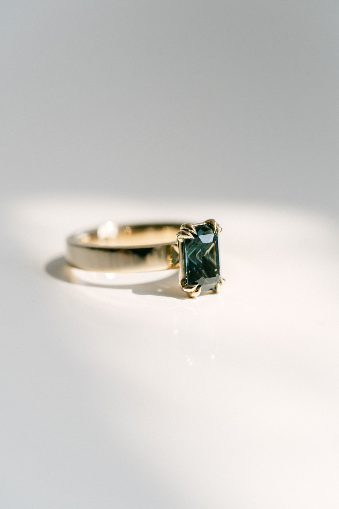 Cavalier Fine Jewelry - Emerald Cut Double Prong Blue-Green Sapphire Ring, 14k Yellow Gold
