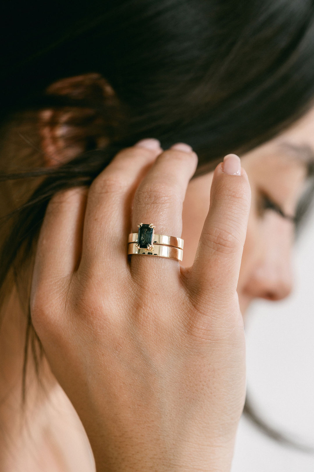 Cavalier Fine Jewelry - Emerald Cut Double Prong Blue-Green Sapphire Ring, 14k Yellow Gold