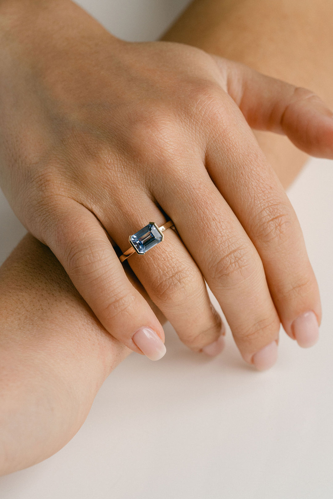 Emerald Cut Blue Sri Lankan Sapphire East-West Half Bezel, 14k Yellow Gold