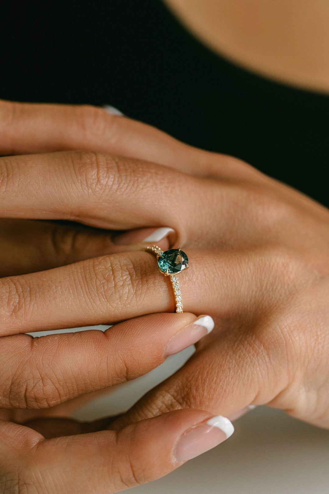 Oval Blue-Green Sapphire Cavalier Solitaire With Diamond Pavè Band