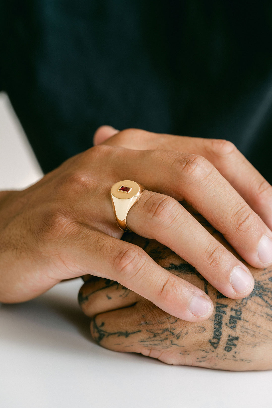 Oval Mens Signet Ring With Baguette Ruby
