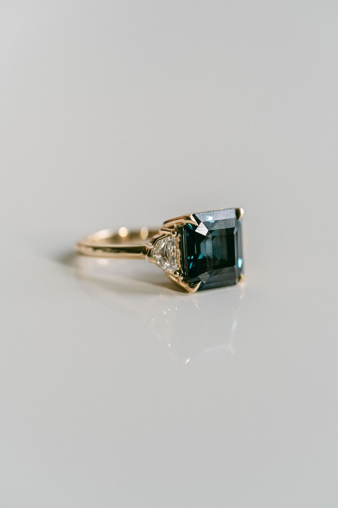 Square Emerald Cut Blue-Green Sapphire with Cadillac Diamond Accents