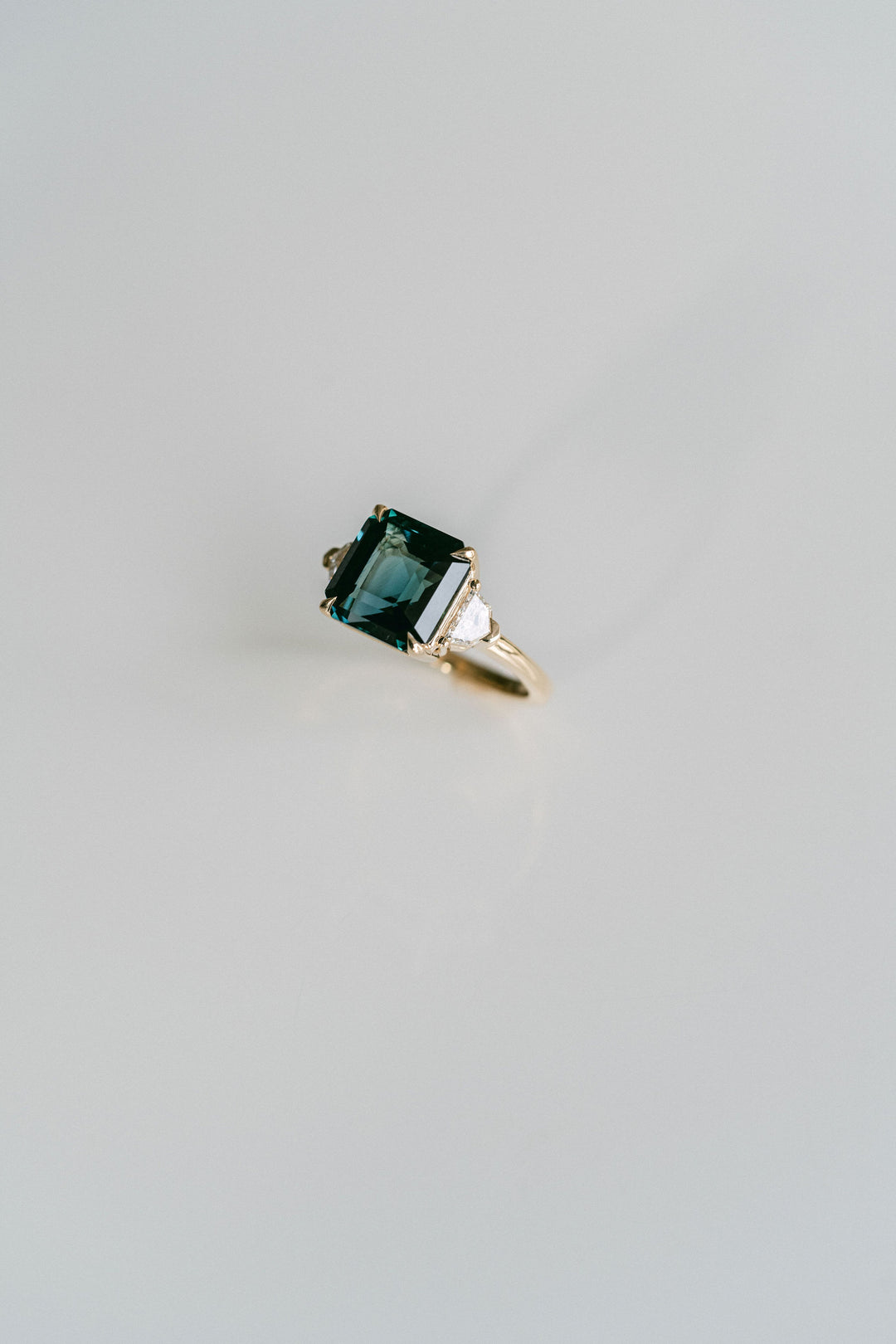 Square Emerald Cut Blue-Green Sapphire with Cadillac Diamond Accents