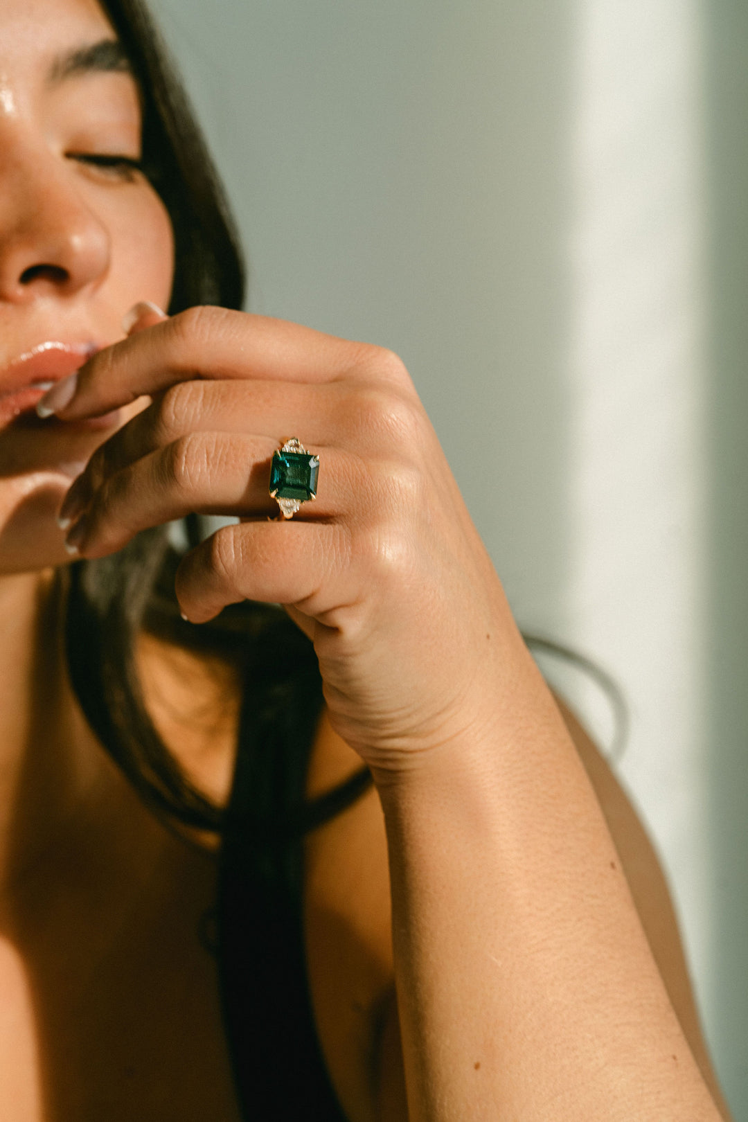 Square Emerald Cut Blue-Green Sapphire with Cadillac Diamond Accents