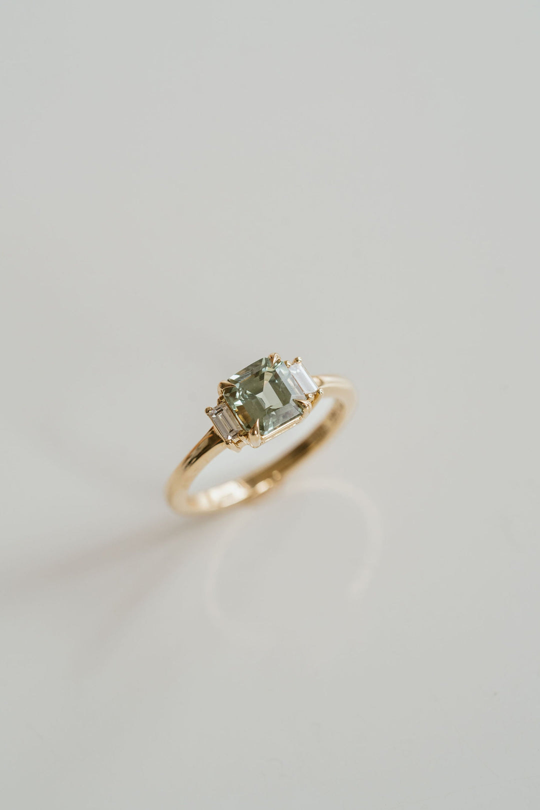 Square Emerald Cut Light Green Sapphire with Baguette Diamond Accents