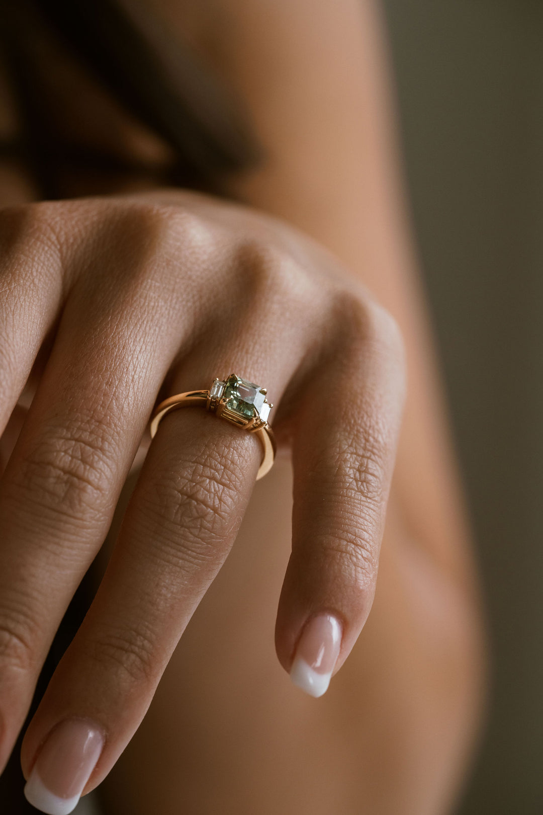 Square Emerald Cut Light Green Sapphire with Baguette Diamond Accents