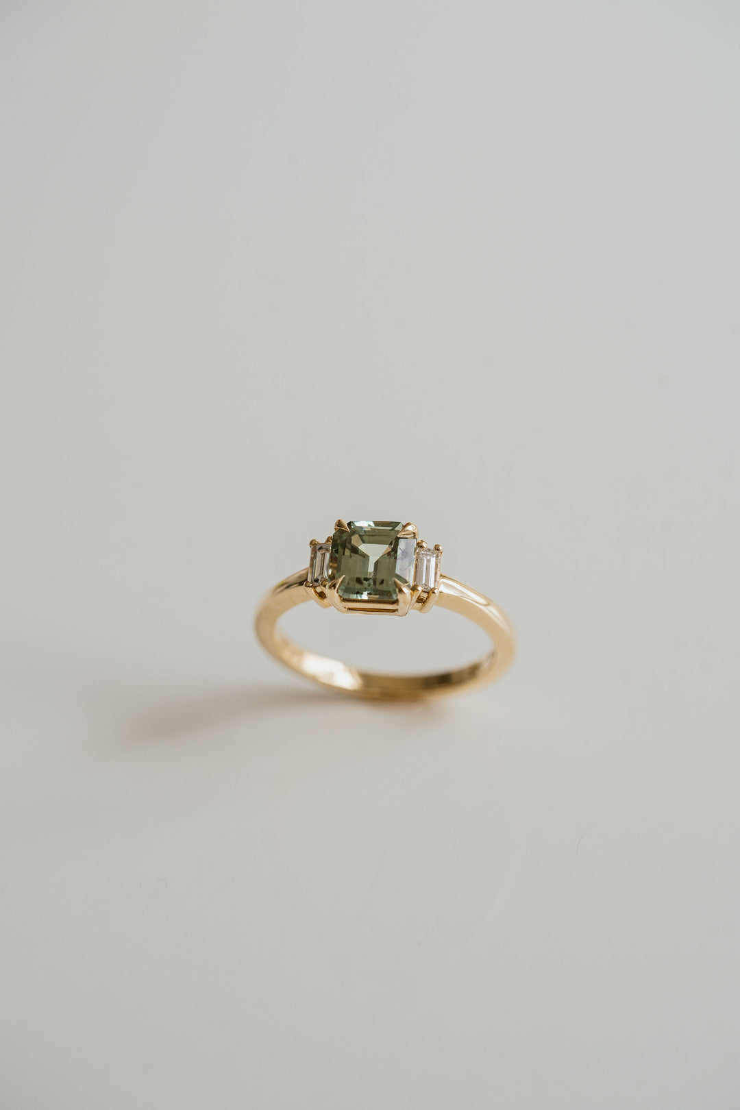 Square Emerald Cut Light Green Sapphire with Baguette Diamond Accents