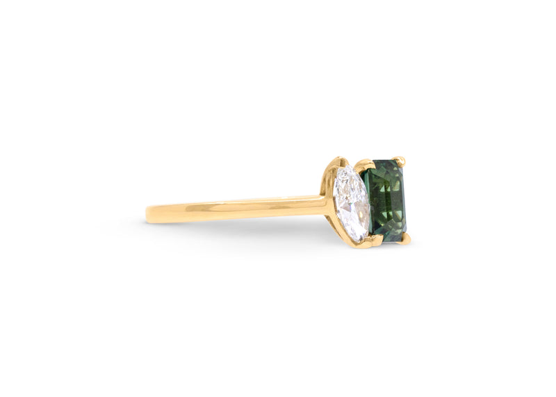 Toi et Moi Emerald Cut Blue-Green Sapphire & Marquise Cut Diamond