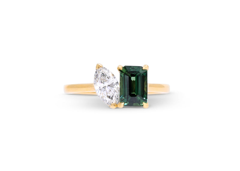 Toi et Moi Emerald Cut Blue-Green Sapphire & Marquise Cut Diamond