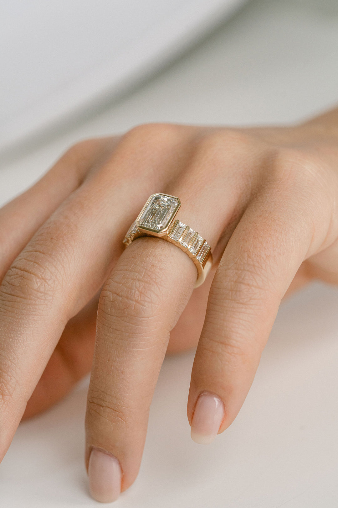 Emerald Cut Diamond Ring With Bar Set Baguette Diamond Band - Cavalier Spring Bridal 2024