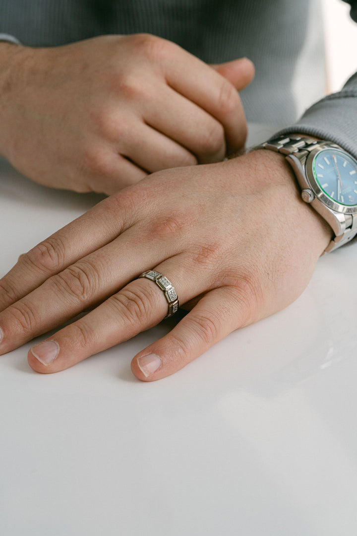 Faceted Geometric Diamond Pavè Mens Band