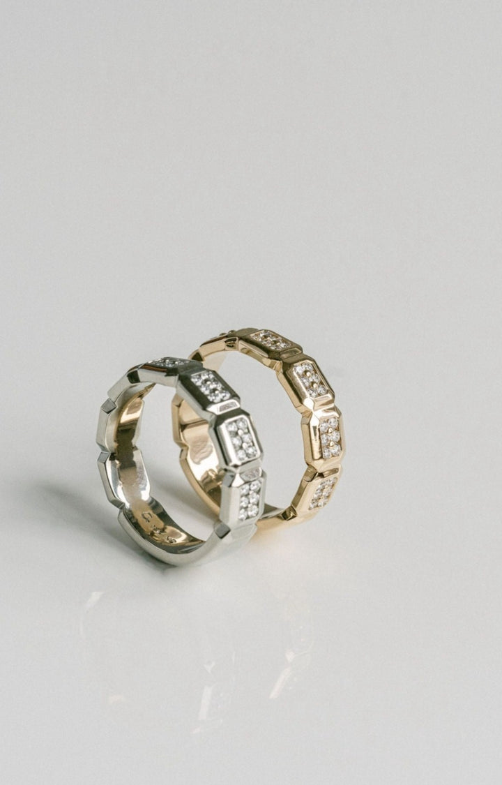 Faceted Geometric Diamond Pavè Mens Band