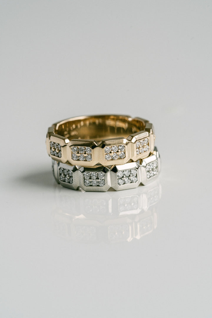 Faceted Geometric Diamond Pavè Mens Band