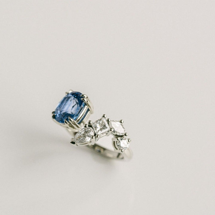 Cushion Cut Blue Sapphire Gap Ring With Diamonds