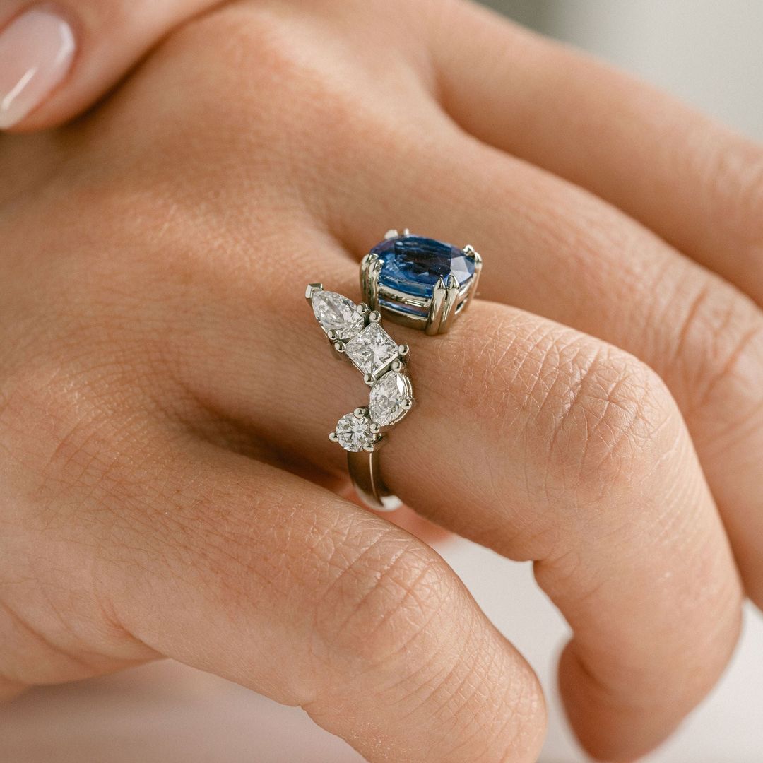 Cushion Cut Blue Sapphire Gap Ring With Diamonds