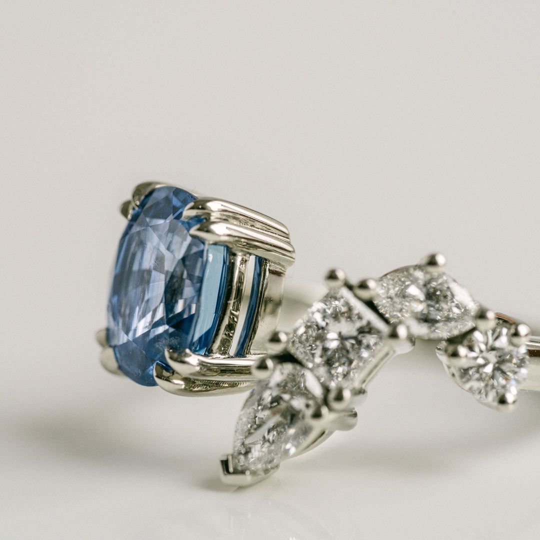 Cushion Cut Blue Sapphire Gap Ring With Diamonds