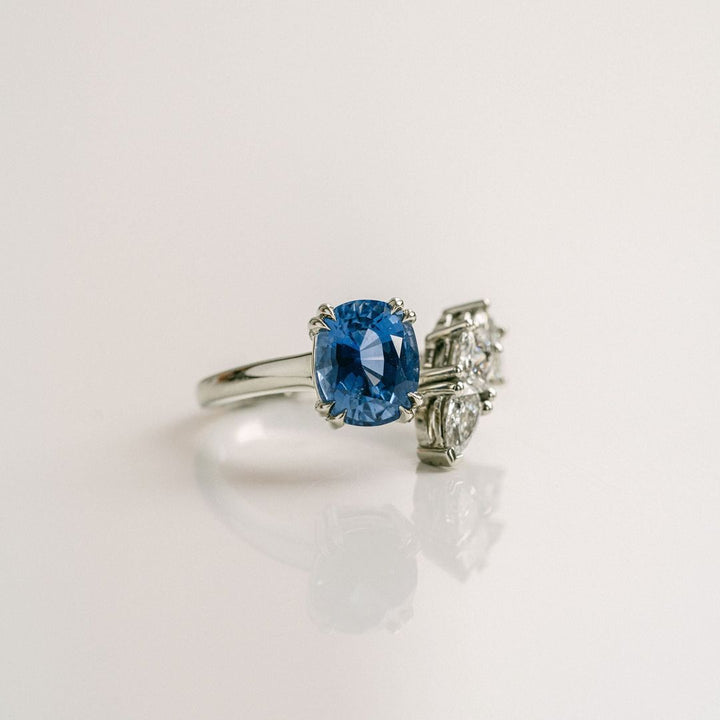Cushion Cut Blue Sapphire Gap Ring With Diamonds