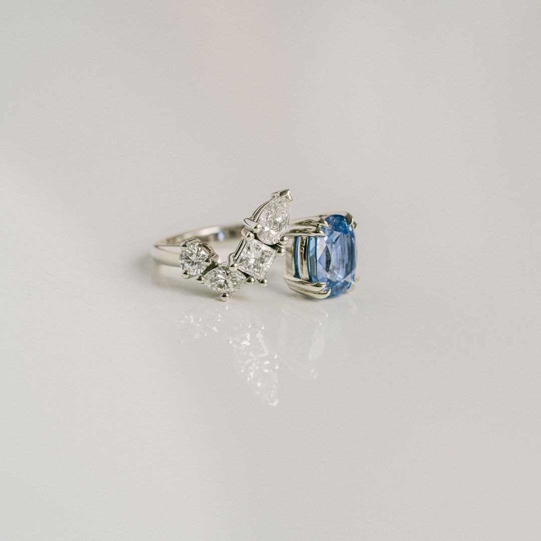Cushion Cut Blue Sapphire Gap Ring With Diamonds