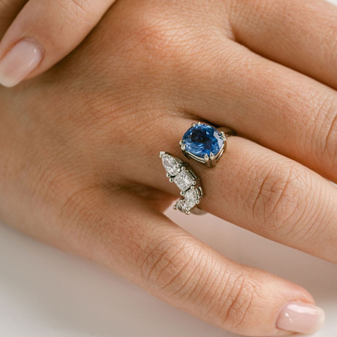 Cushion Cut Blue Sapphire Gap Ring With Diamonds