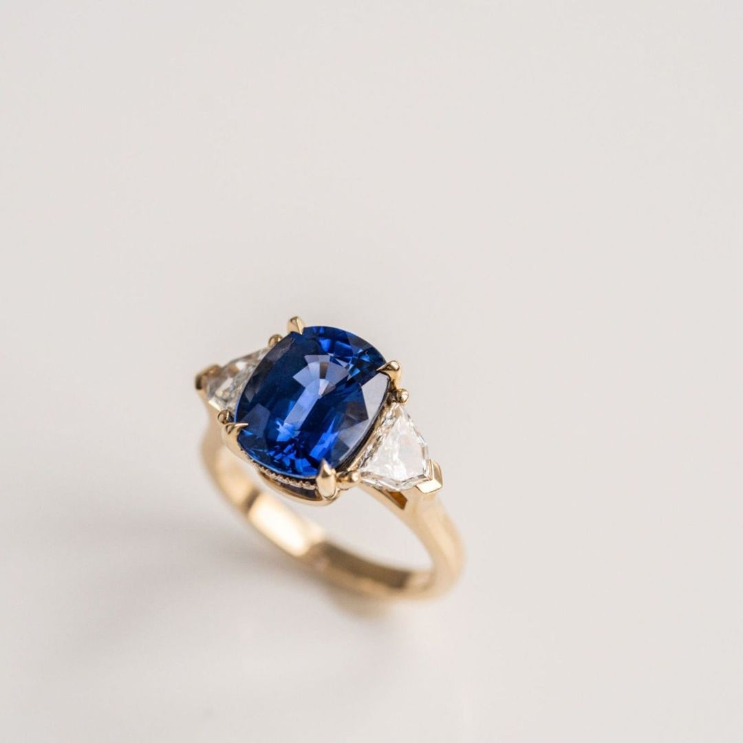 Cushion Cut Blue Sapphire With Cadillac Diamond Accents