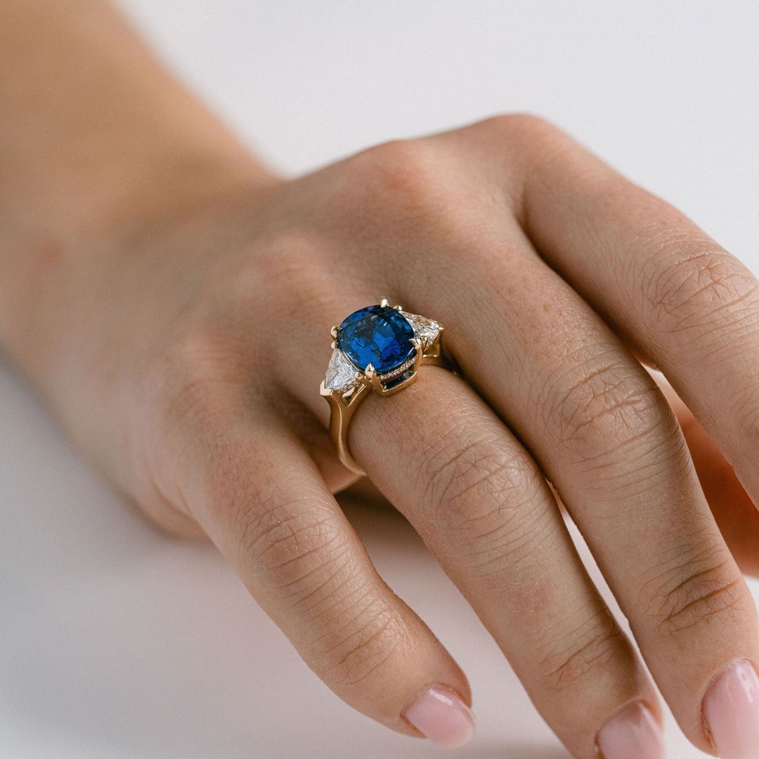 14K Gold GP Blue Sapphire And Diamond Accent Cushion Ring – Sizes 8 To 16 Unisex