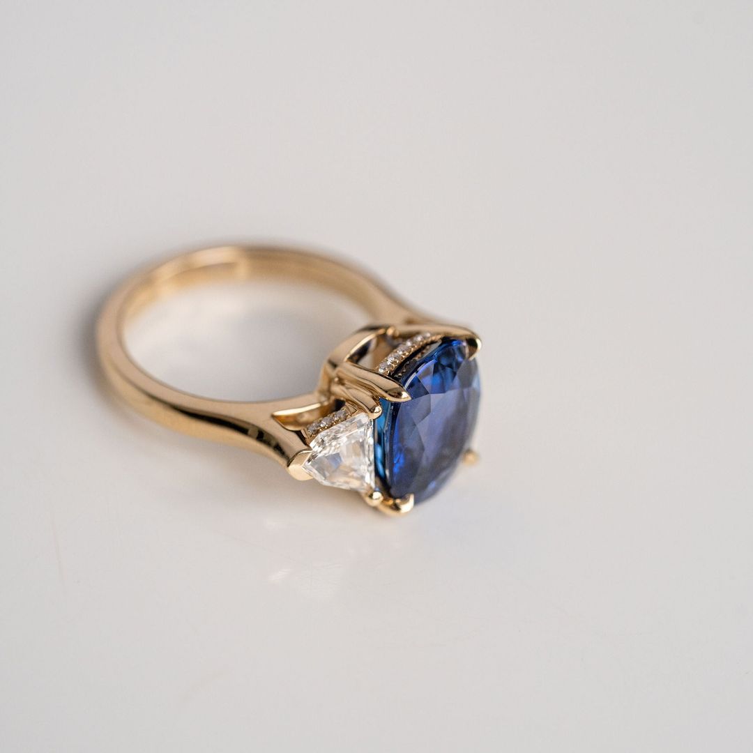 Cushion Cut Blue Sapphire With Cadillac Diamond Accents