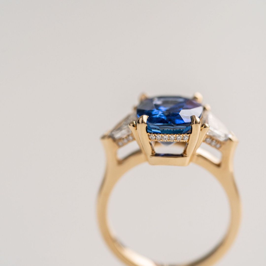 Cushion Cut Blue Sapphire With Cadillac Diamond Accents