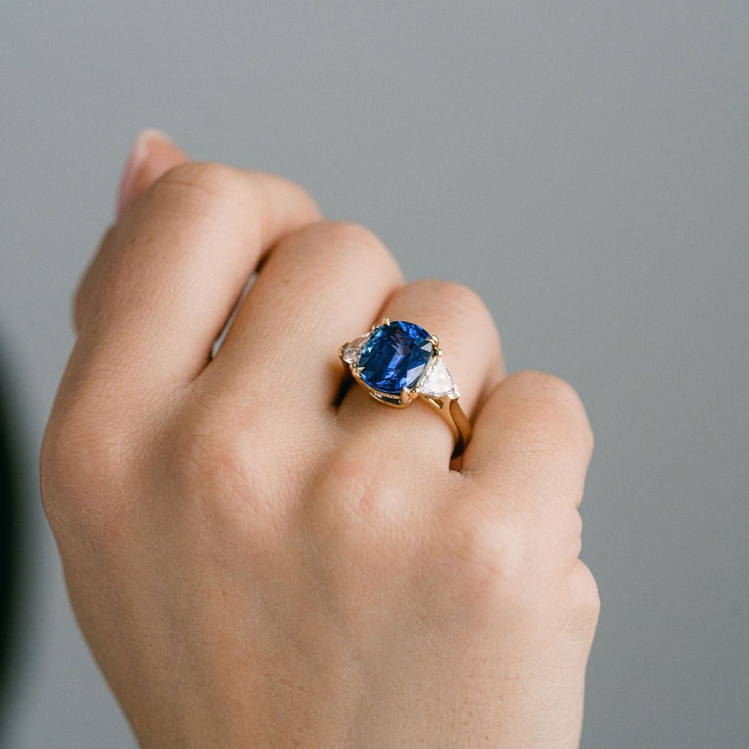 Cushion Cut Blue Sapphire With Cadillac Diamond Accents