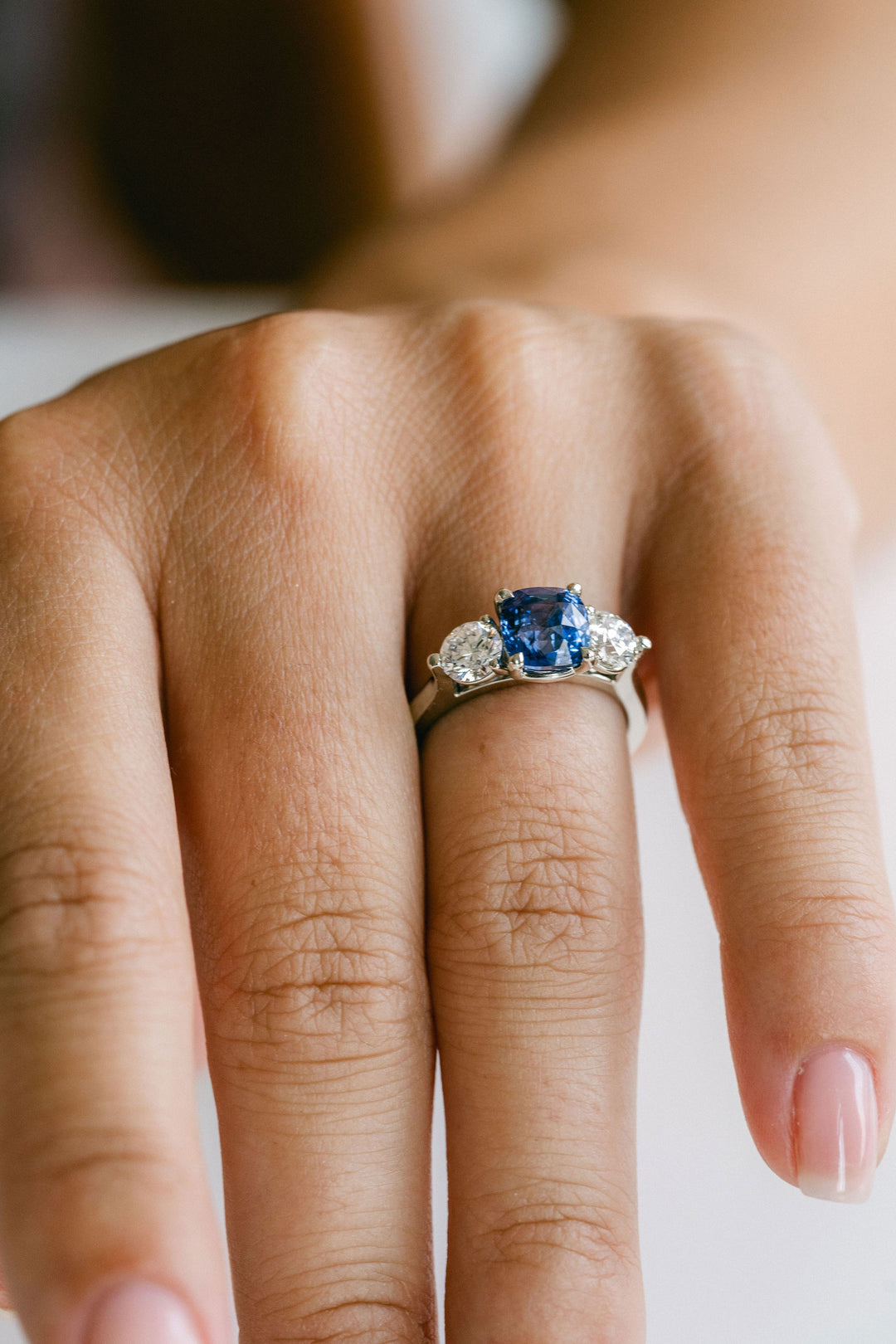 Square Cushion Cut Blue Sapphire With Round Diamond Accents