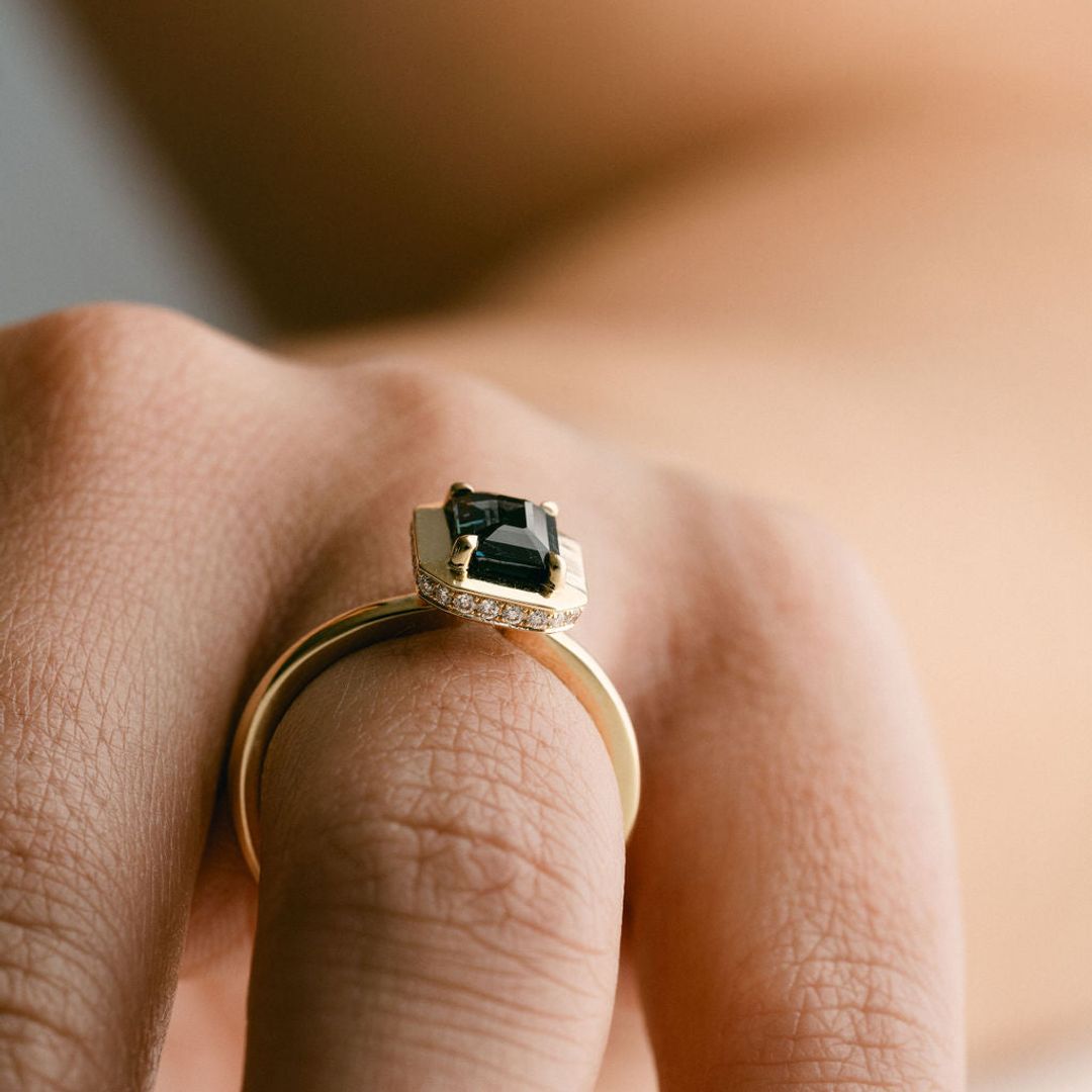 Emerald Cut Blue-Green Sapphire With Solid Gold Halo and Diamond Collar