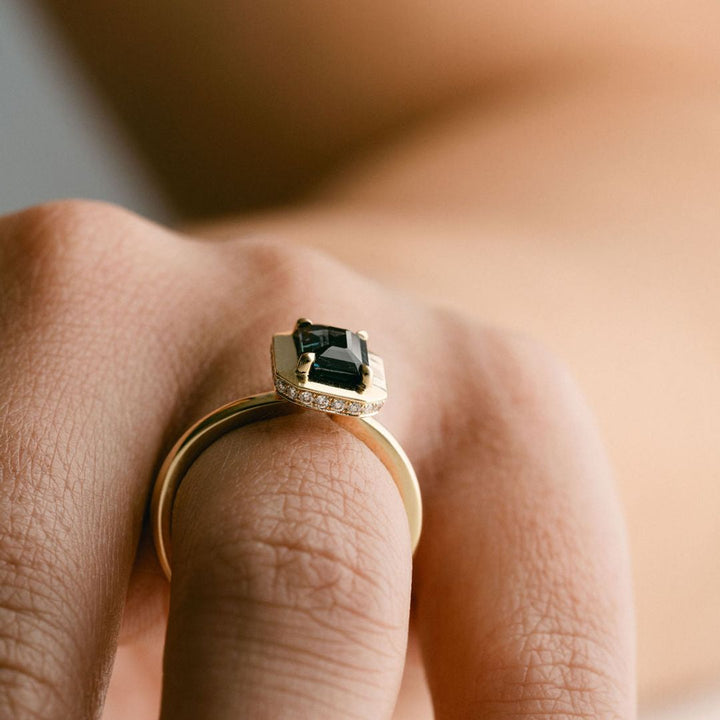 Emerald Cut Blue-Green Sapphire With Solid Gold Halo and Diamond Collar