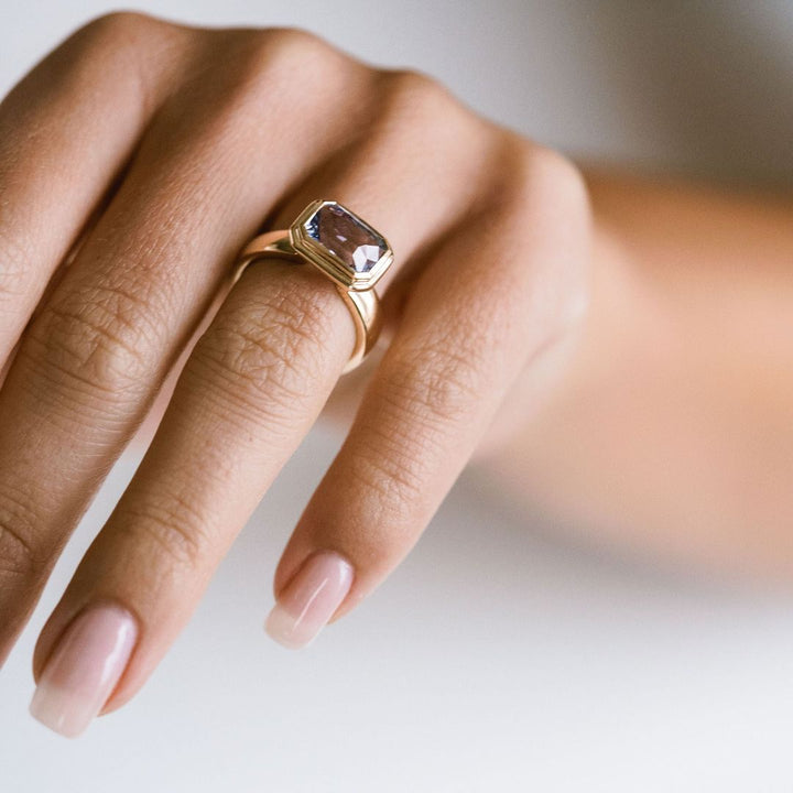 Emerald Cut Blue Sapphire Retro Bezel