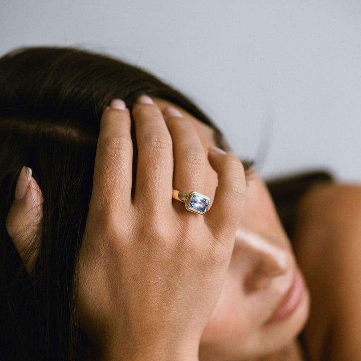Emerald Cut Blue Sapphire Retro Bezel