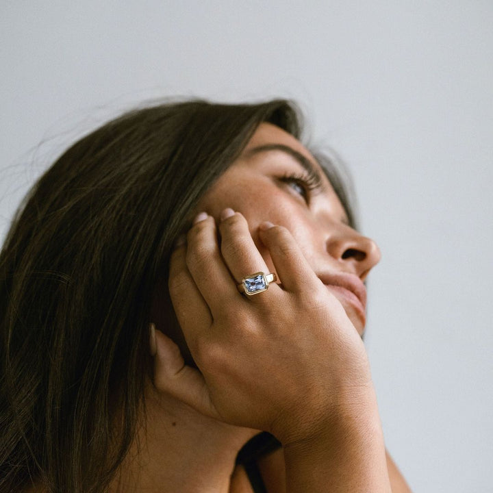 Emerald Cut Blue Sapphire Retro Bezel
