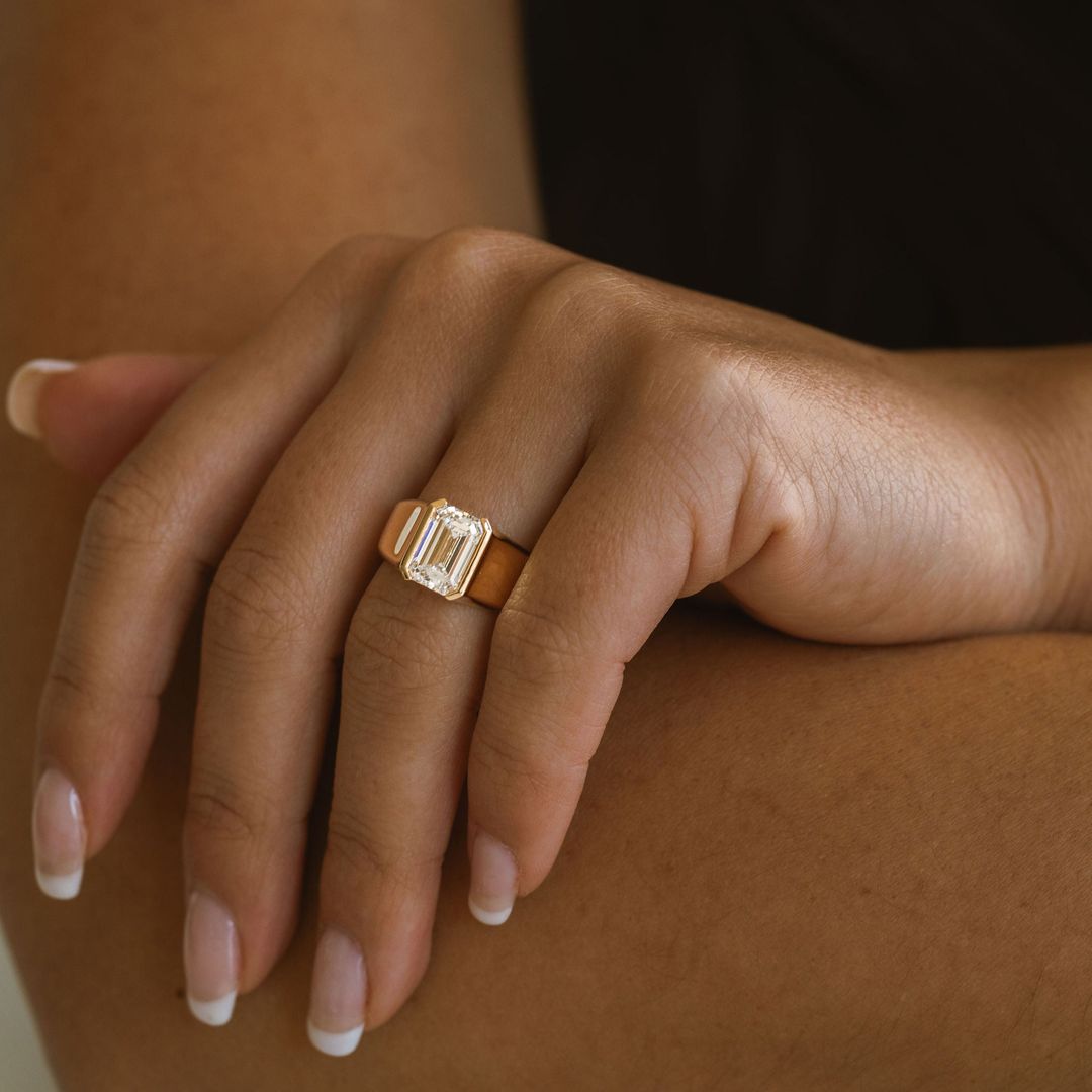 Emerald Cut Diamond Half Bezel Manor Ring