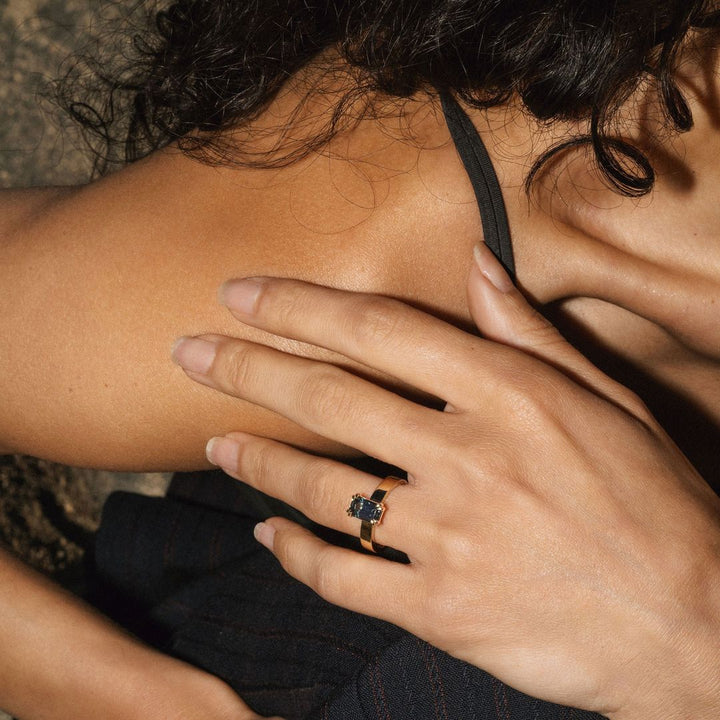 Emerald Cut Double Prong Blue-Green Sapphire Ring