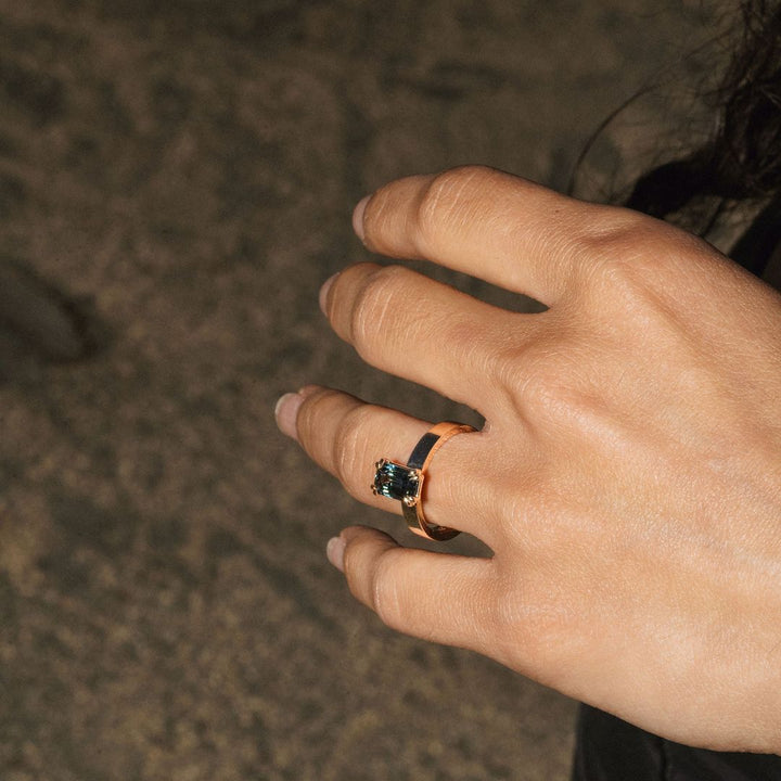 Emerald Cut Double Prong Blue-Green Sapphire Ring