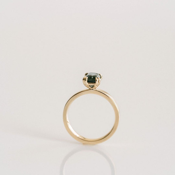 Emerald Cut Double Prong Blue-Green Sapphire Ring